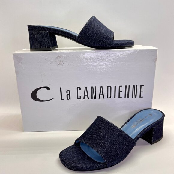 La Canadienne Frida Size 39 Denim Blue Open Toe Block Heel Mule Sandal - Picture 1 of 16